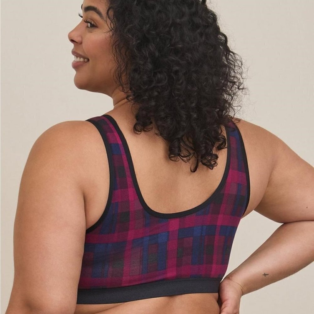 Torrid - Unlined Cotton Seamed Scoop Bralette in Multi Block Plaid Black - Picture 11 of 11